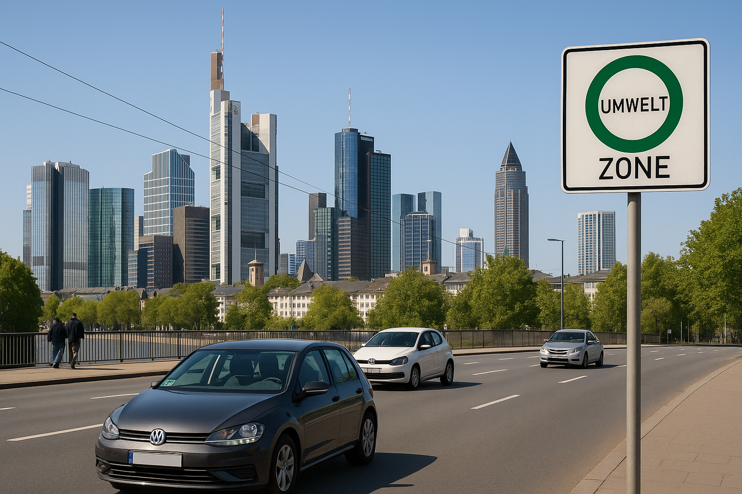 Straßenszene in Frankfurt mit Umweltzone, Autos die von rechts nach links fahren und einer ungehinderten Sicht auf die charakteristische Frankfurter Skyline mit Hochhäusern direkt im Hintergrund