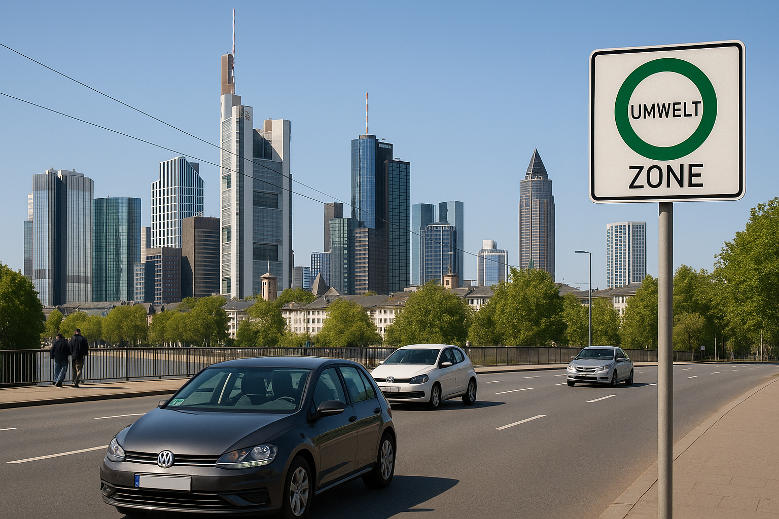 Straßenszene in Frankfurt mit Umweltzone, Autos die von rechts nach links fahren und einer ungehinderten Sicht auf die charakteristische Frankfurter Skyline mit Hochhäusern direkt im Hintergrund