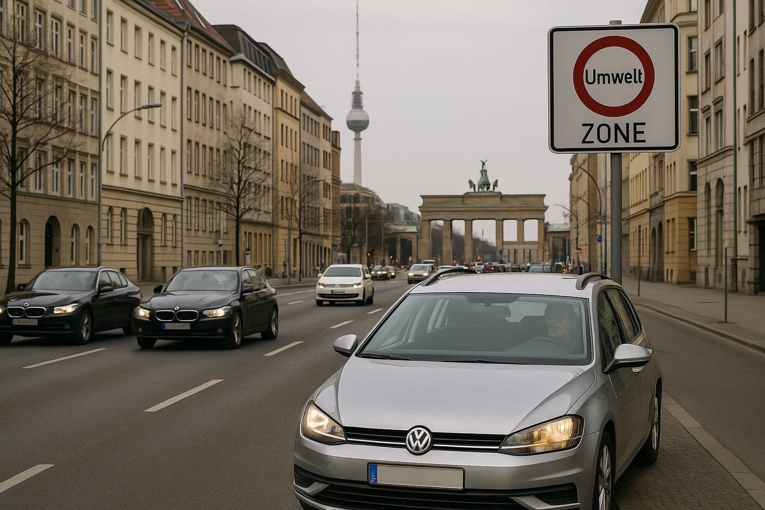 Straßenszene in Berlin mit Umweltzone, fahrenden Autos und einer kleineren, realistisch proportionierten grünen Umweltplakette auf der Windschutzscheibe